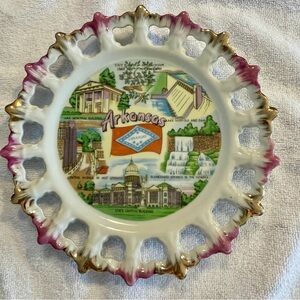 Vintage 1960s Arkansas Souvenir Collector Plate Hot Spring Reticulated Pink Gold
